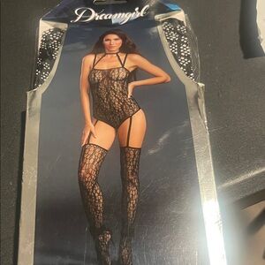 Dreamgirl Black Lace Bodysuit with Thigh-Highs